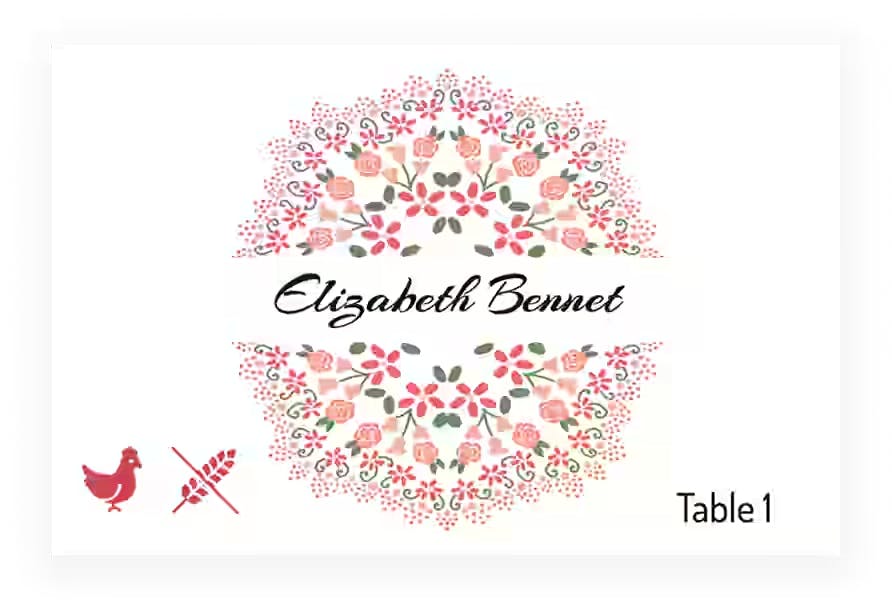 Custom floral place card design with bird and cutlery icons indicating meal choice for a sophisticated event setting.